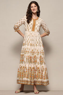 Beige Pure Cotton Printed Tiered Dress image number 0