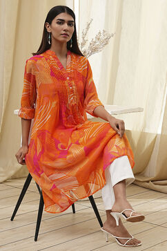 Orange Printed Pleated A-Line Kurta image number 0