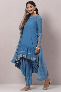 Blue Art Silk Asymmetric Kurta Salwar Suit Set image number 5