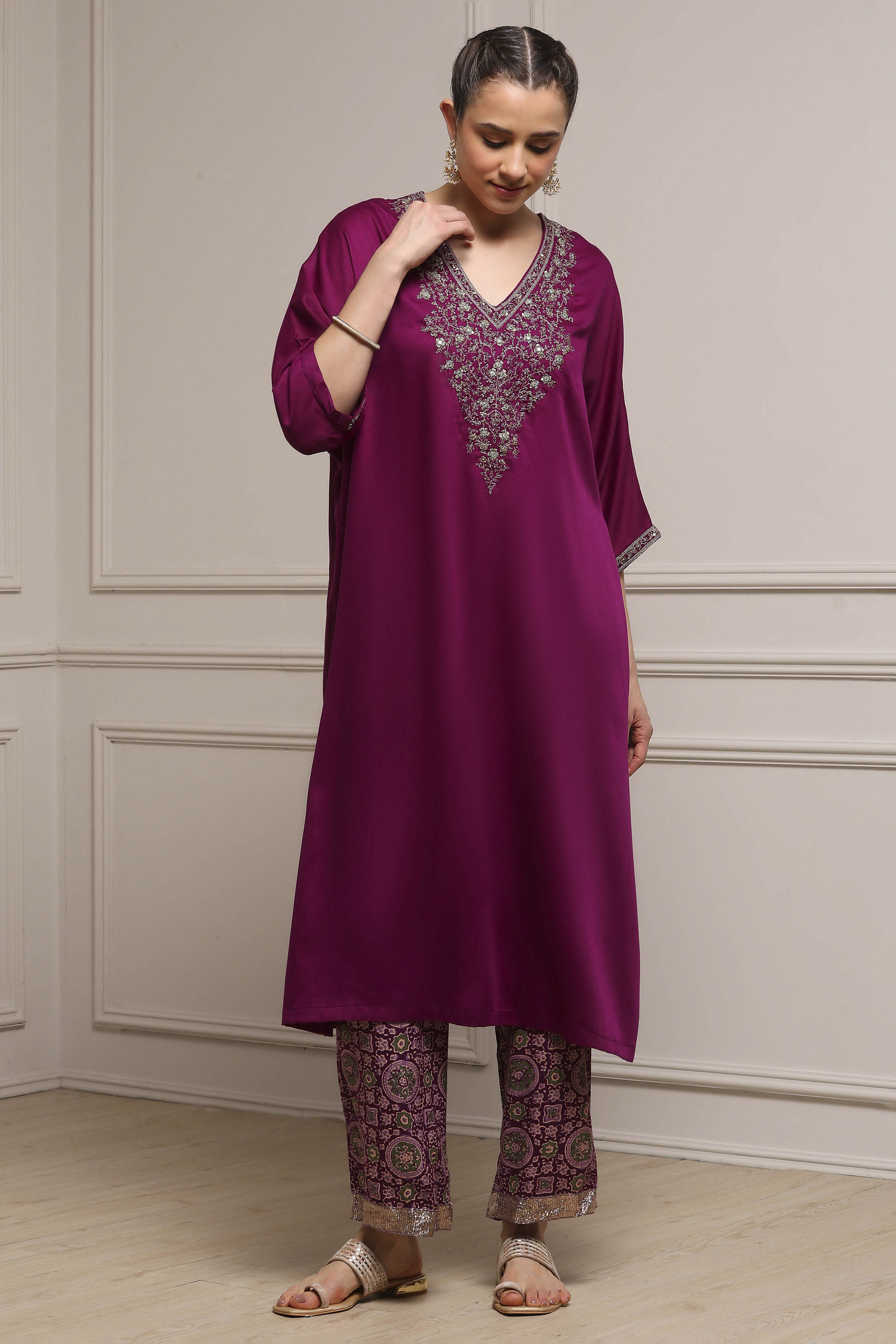 Purple Satin Solid Kaftan-Style Kurta Set image number 6