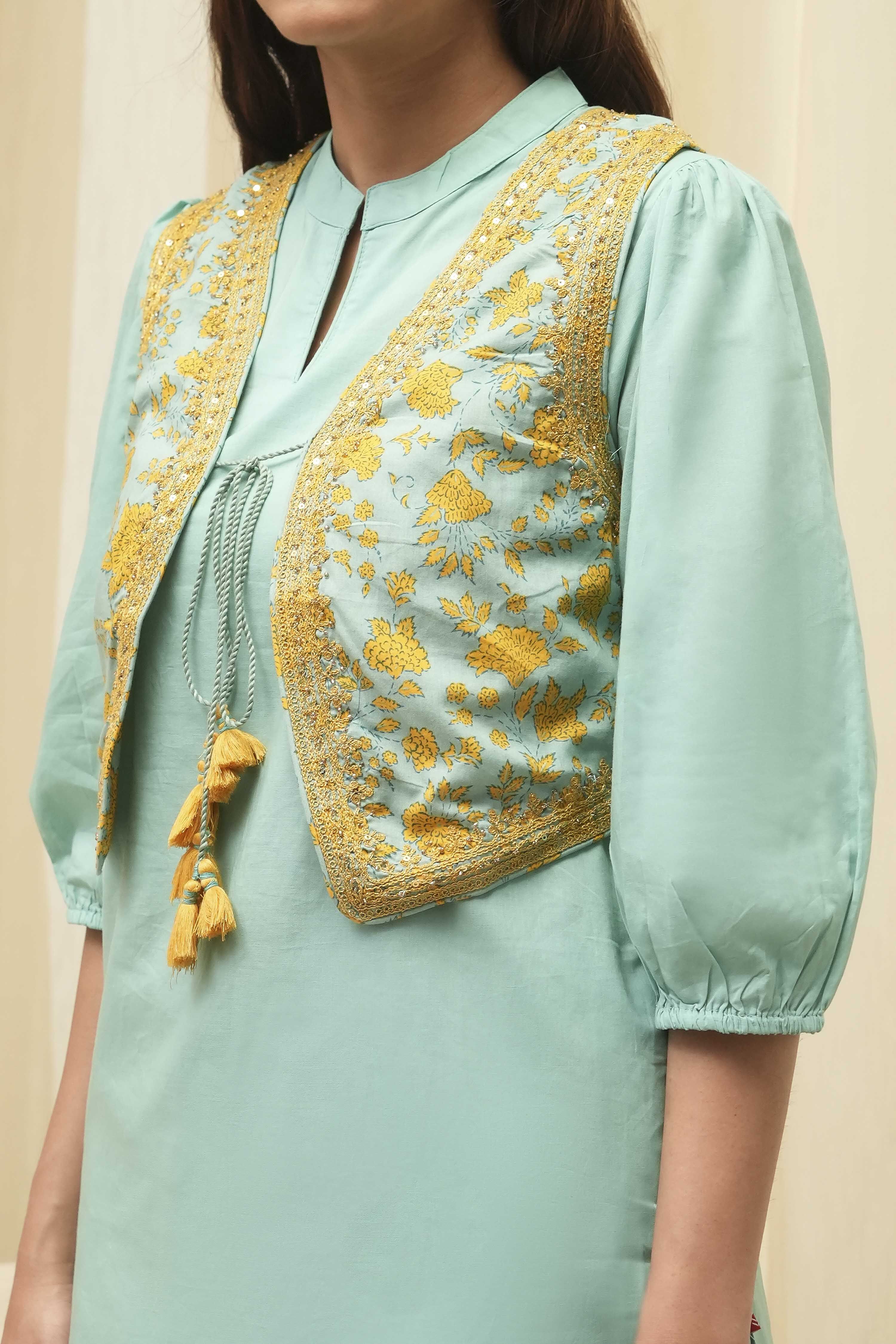 Sage Green Cotton Pathani Straight Kurta Set image number 1