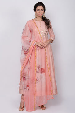 Peach Poly Cotton Anarkali Kurta Churidar Suit Set image number 2