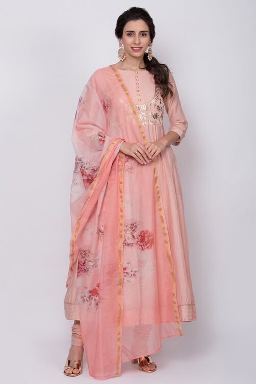 Beige Poly Cotton Anarkali Kurta Churidar Suit Set image number 2