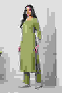 Sap Green Embroidered Straight Kurta Set image number 3