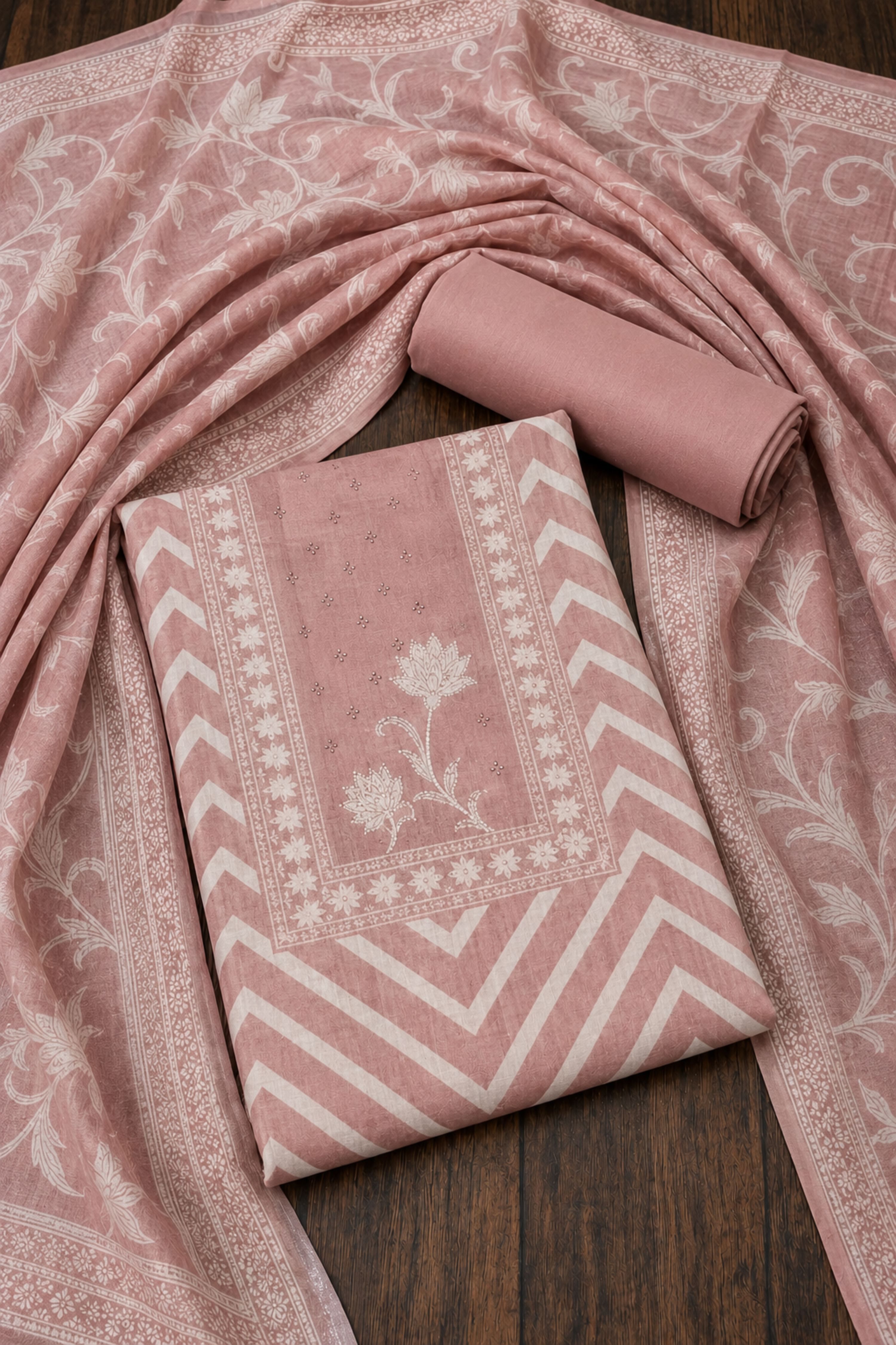 Peach Linen Modern Print Unstitched Suit Set image number 1