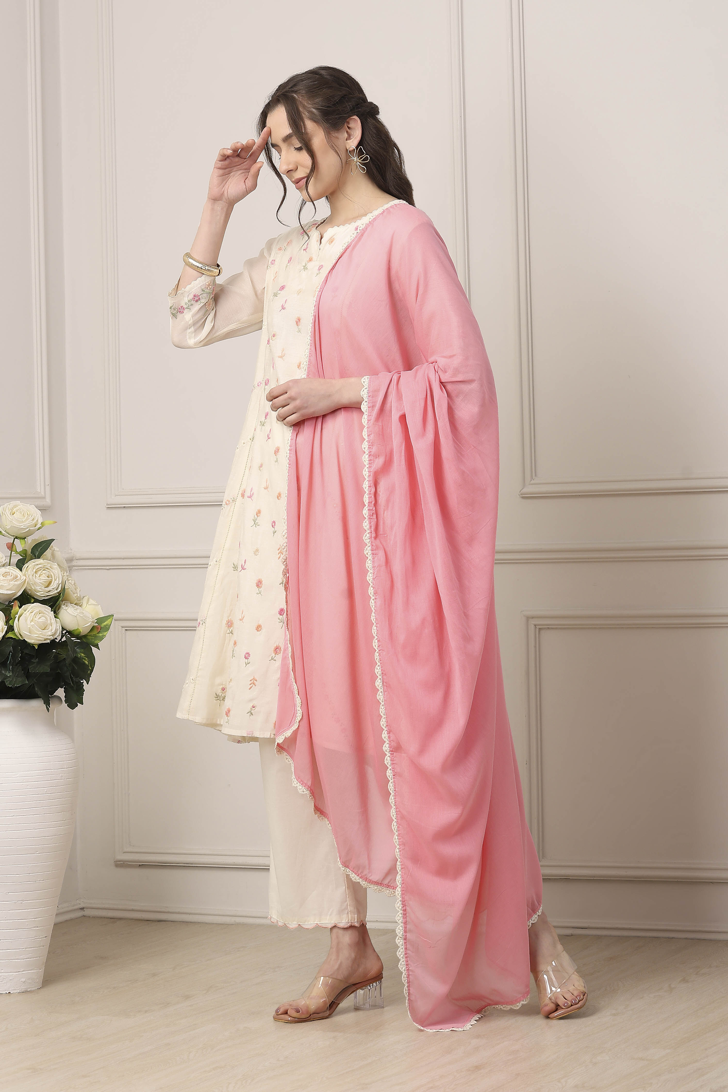 White Poly Chanderi Floral Printed Kalidar Suit Set image number 3