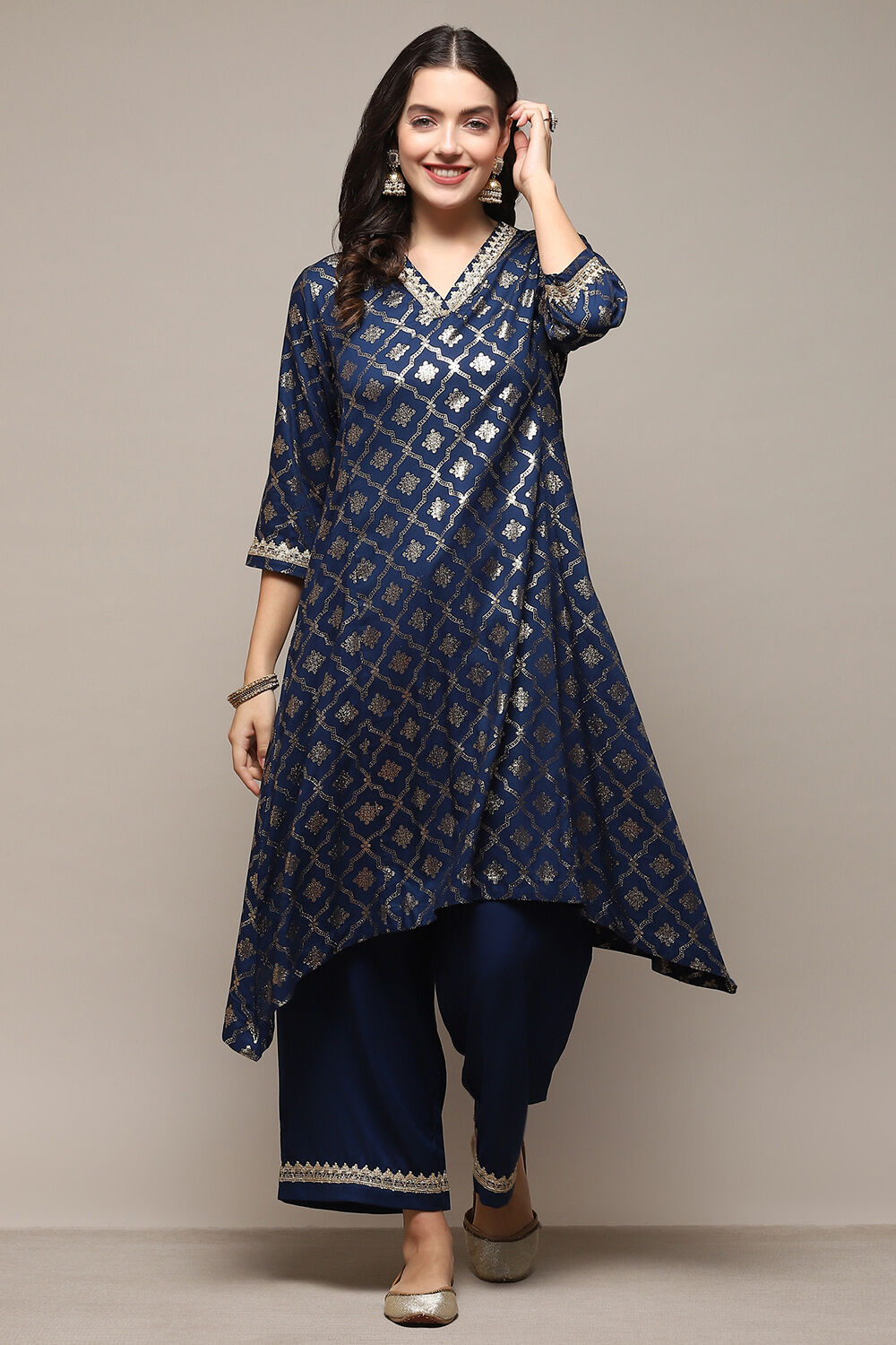 Blue Cotton Straight Printed Kurta Palazzo Suit Set image number 6