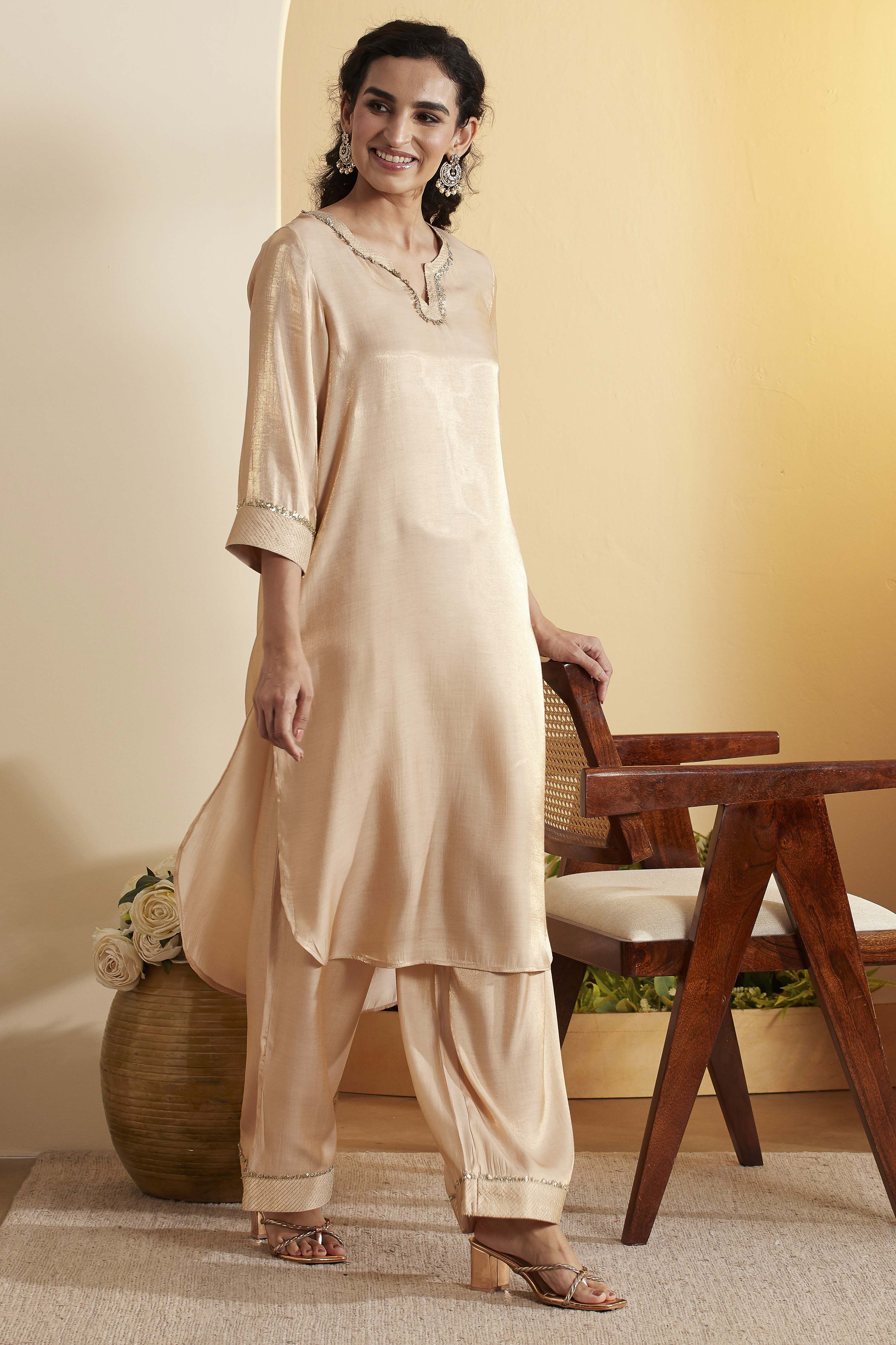 Beige Viscose Rayon Straight Kurta Pants Set image number 0