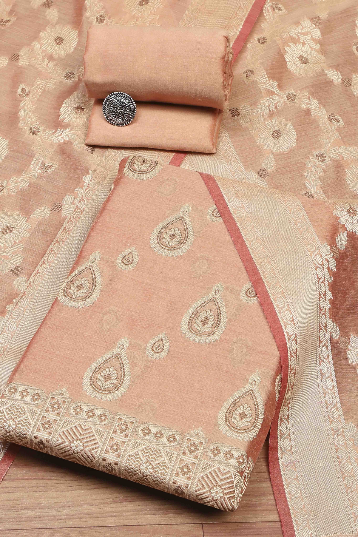 Peach Cotton Printed Embroidered Unstitched Suit Set