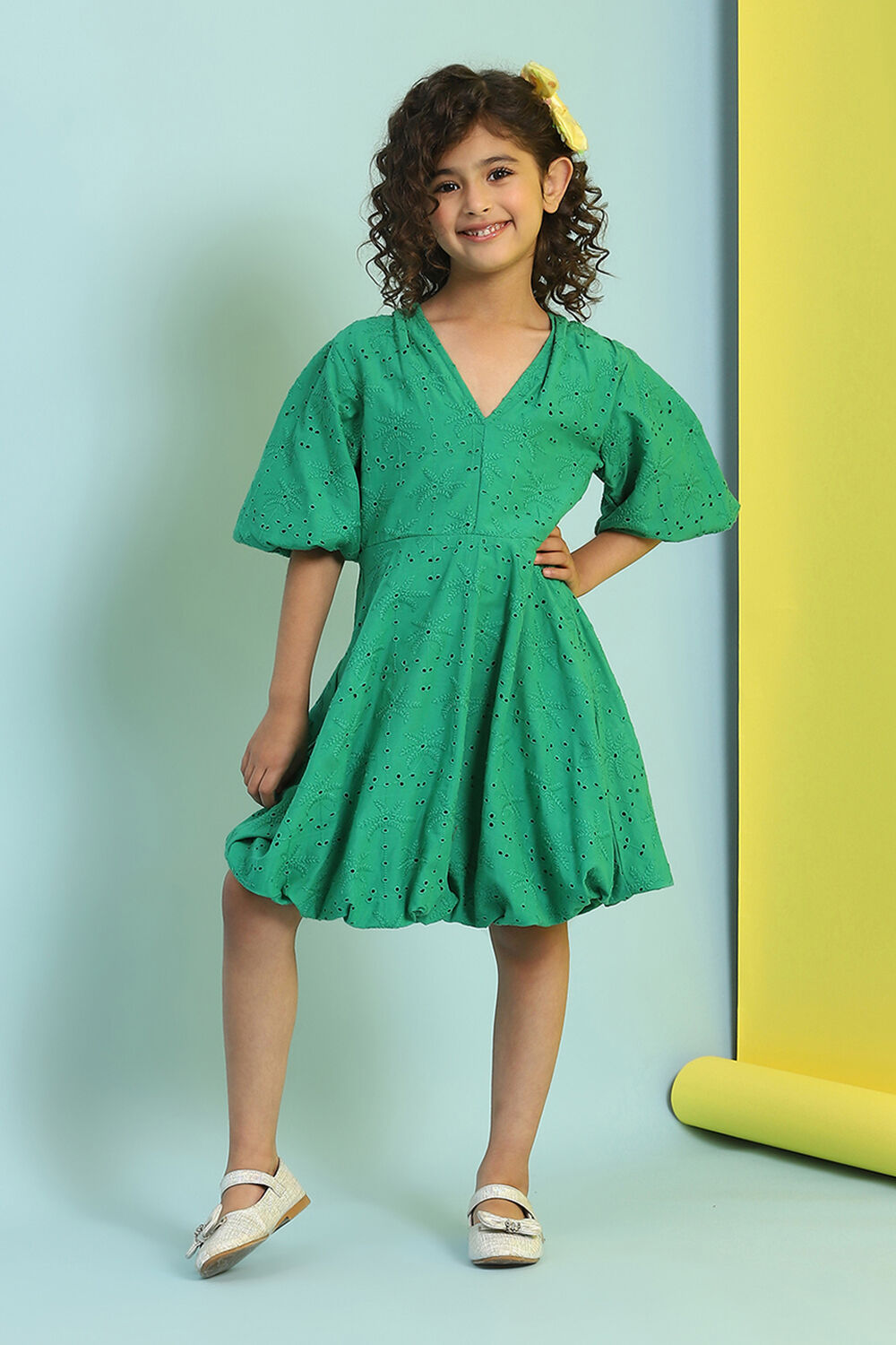 Green Cotton Schiffli Flared Dress image number 5