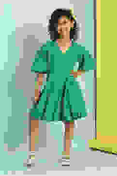 Green Cotton Schiffli Flared Dress image number 5