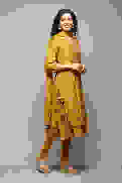 Lime Yellow Silk Layered Kurta Churidar Suit Set image number 6