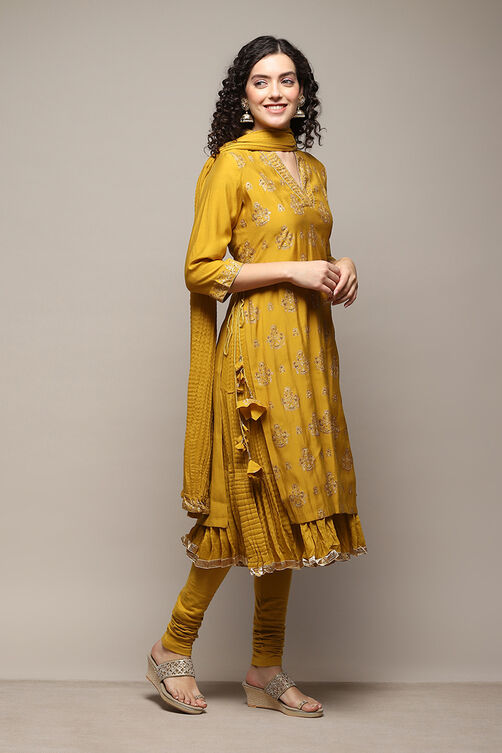 Lime Yellow Silk Layered Kurta Churidar Suit Set image number 6