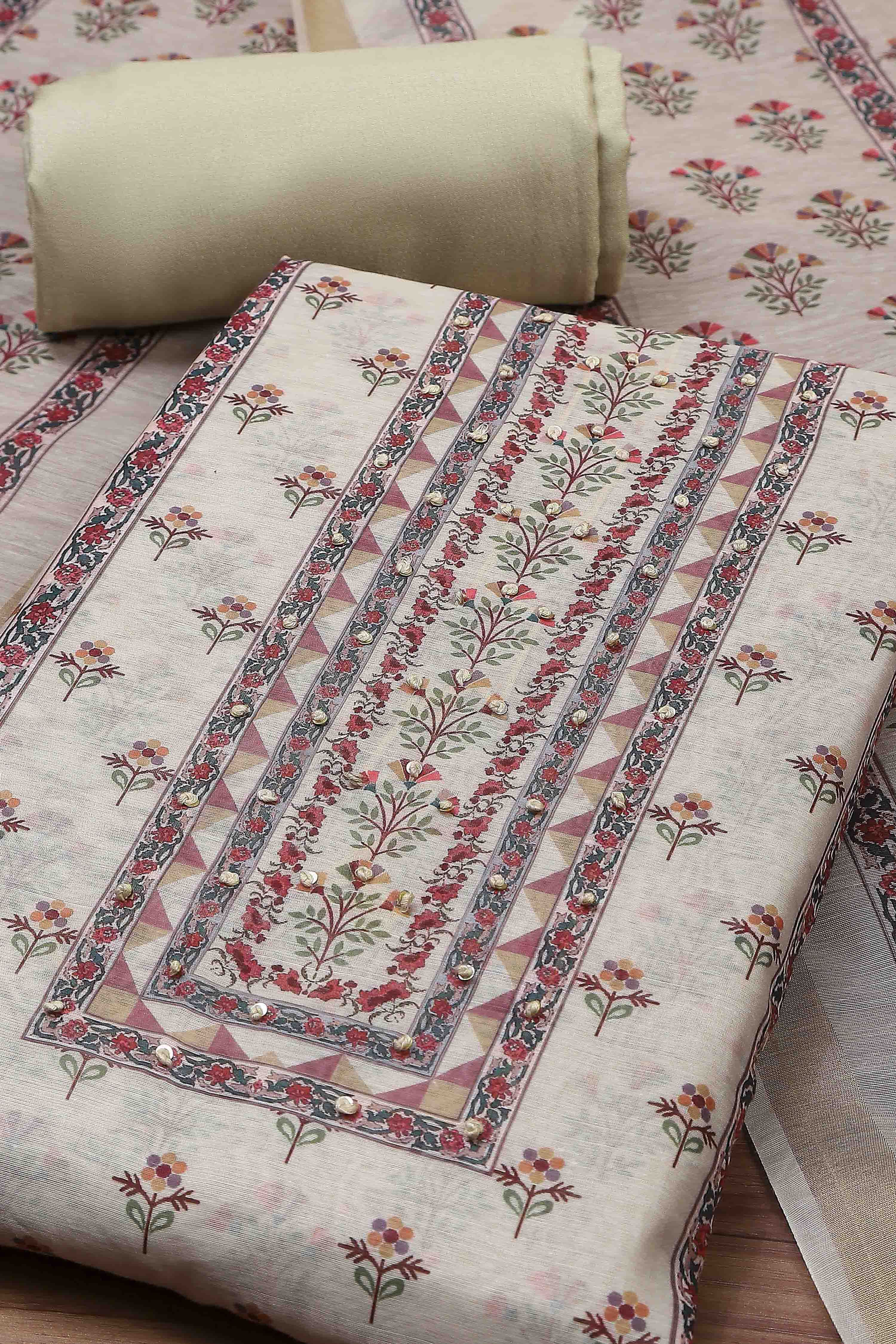 Cream-Toned Muslin Rajasthani Print Unstitched Suit Set image number 1