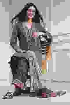 Black Cotton Printed Straight Suit Set image number 0