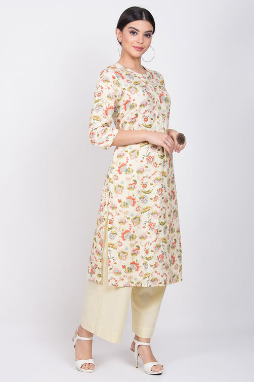 Cream Cotton Linen Kurta Pants Set image number 3
