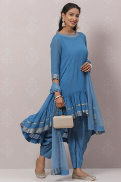 Blue Art Silk Asymmetric Kurta Salwar Suit Set image number 7