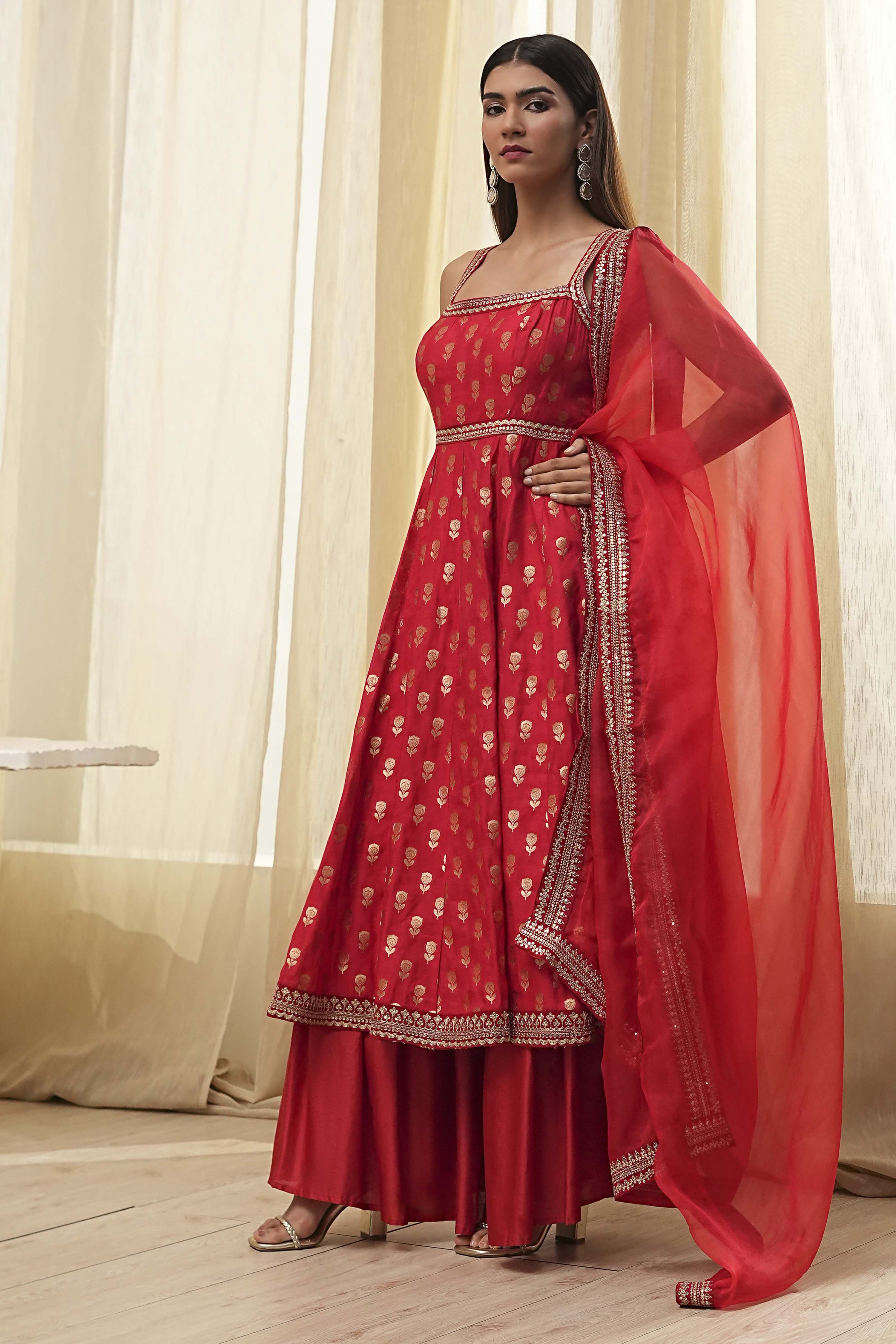 Red Yarn-Dyed Strappy Anarkali Suit Set image number 3
