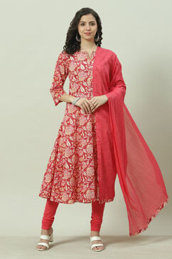 Red Cotton Kalidar Kurta Churidar Suit Set image number 0