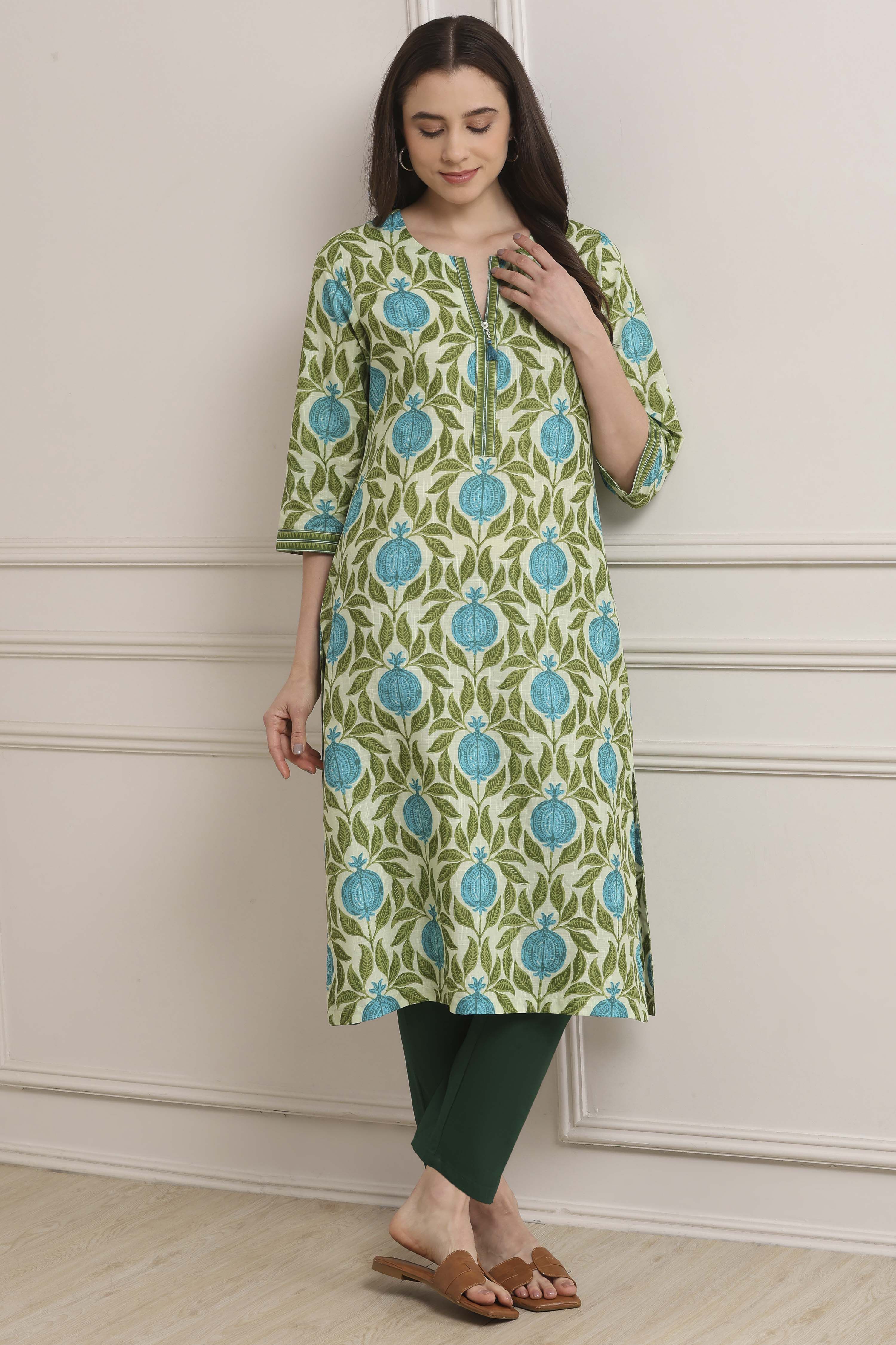Cream-Colored Cotton Printed Straight Kurta image number 5