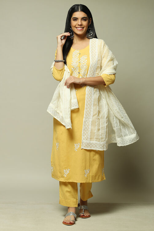 Yellow Cotton Blend Machine Embroidered Unstitched Suit Set image number 7