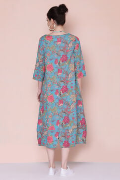 Blue Cotton Flax A-line Printed Kurta Dress image number 5