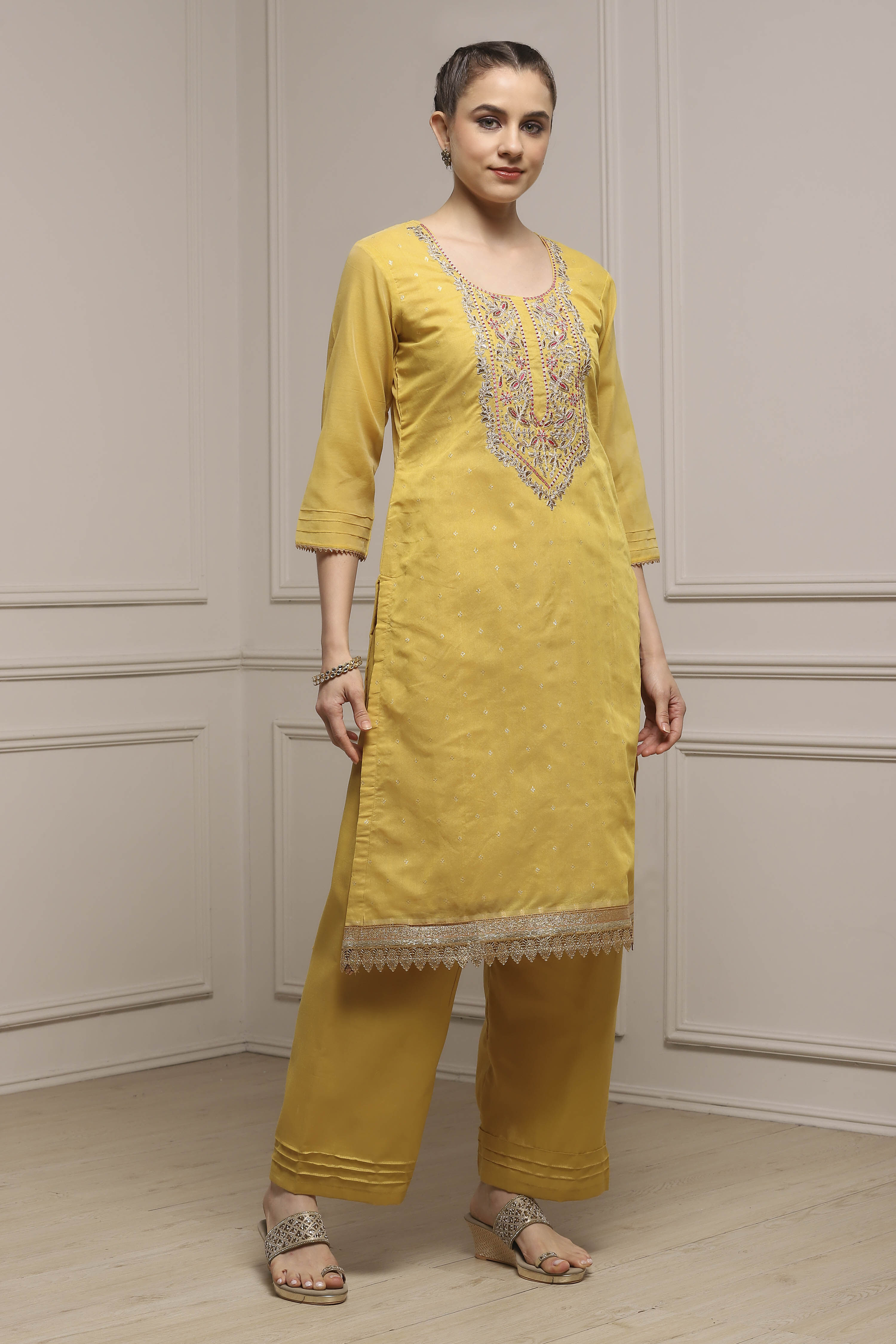 Yellow Tissue Blend Machine Embroidered Unstitched Suit Set image number 6