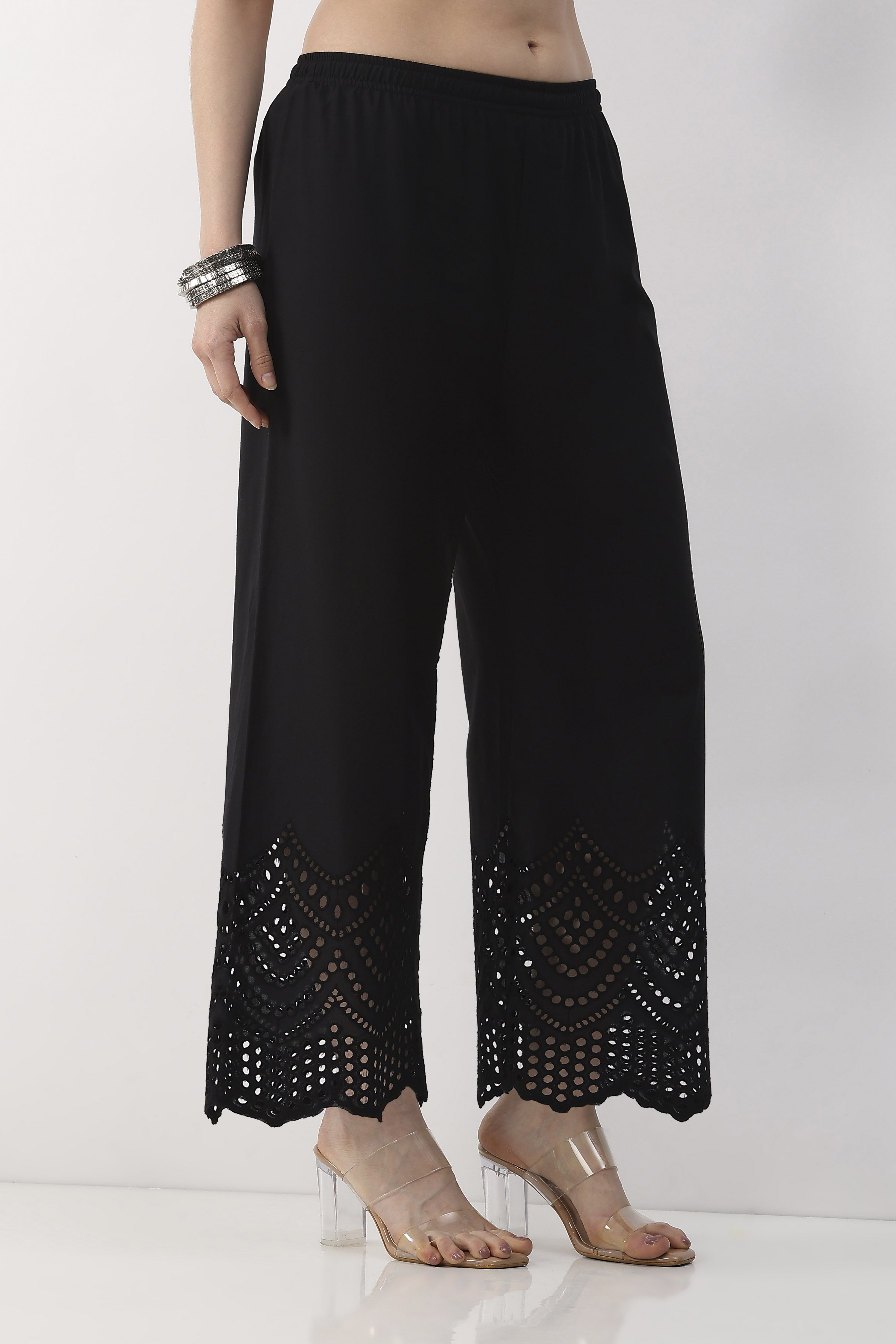 Black Cotton Straight Palazzos image number 4