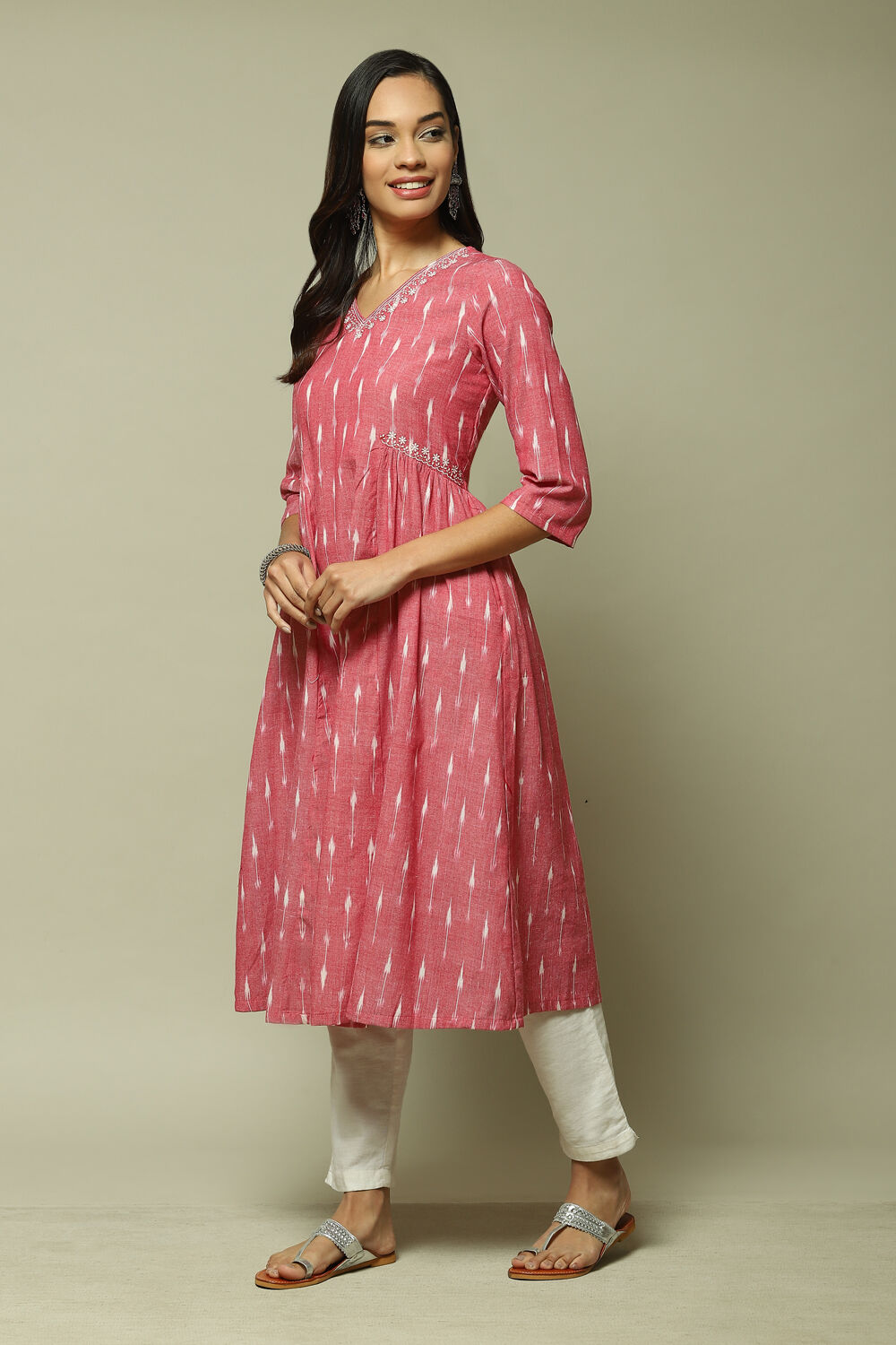Red Cotton IKAT Flared Yarndyed Kurta image number 5