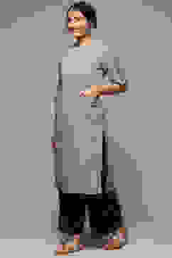 Grey Cotton Straight Kurta Palazzo Suit Set image number 3