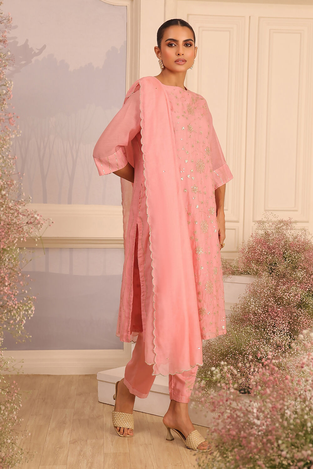 Pink Silk Embroidered Straight Suit Set image number 0