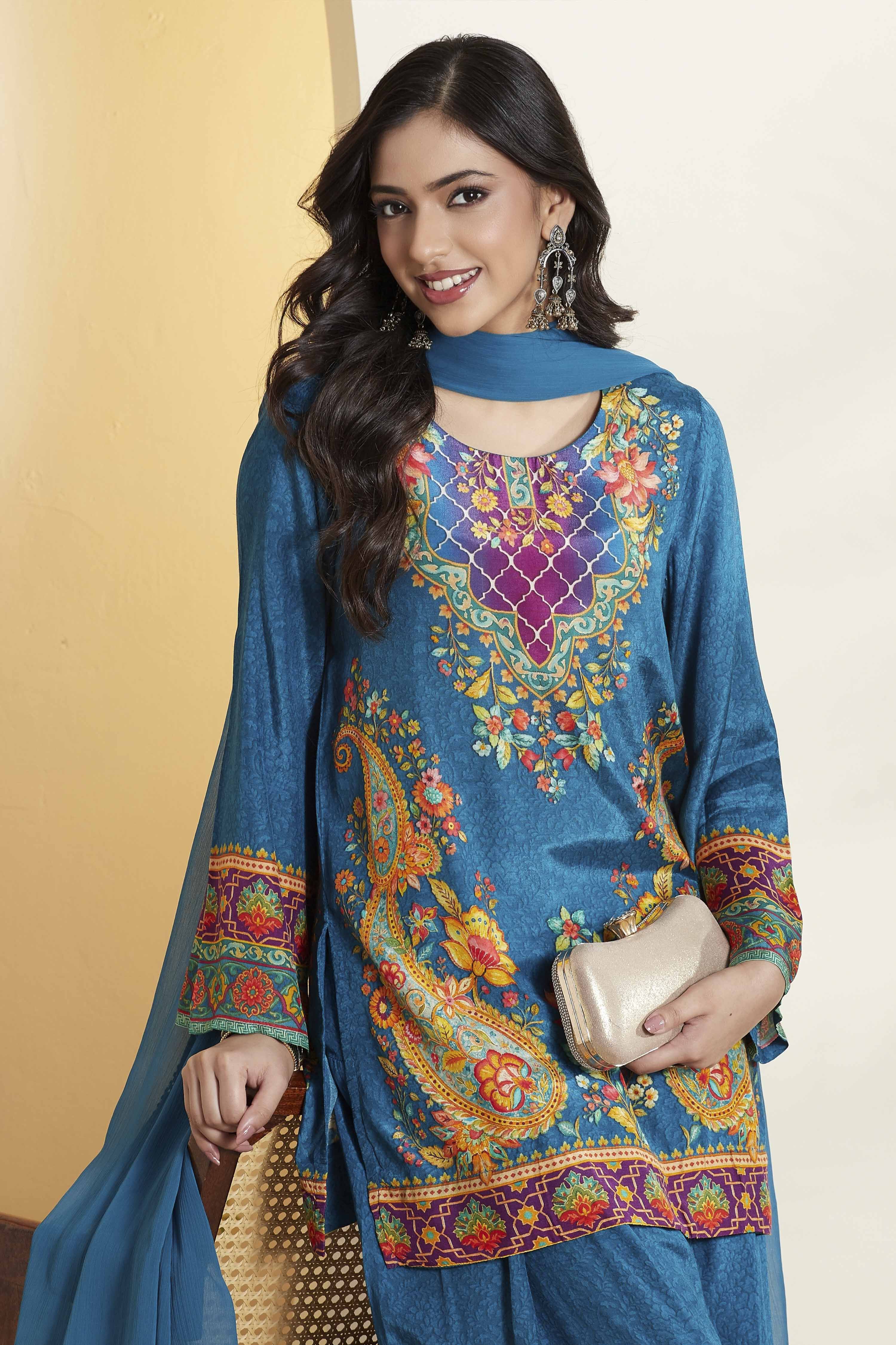 Blue Viscose Rayon Printed Straight Kurta Set image number 1