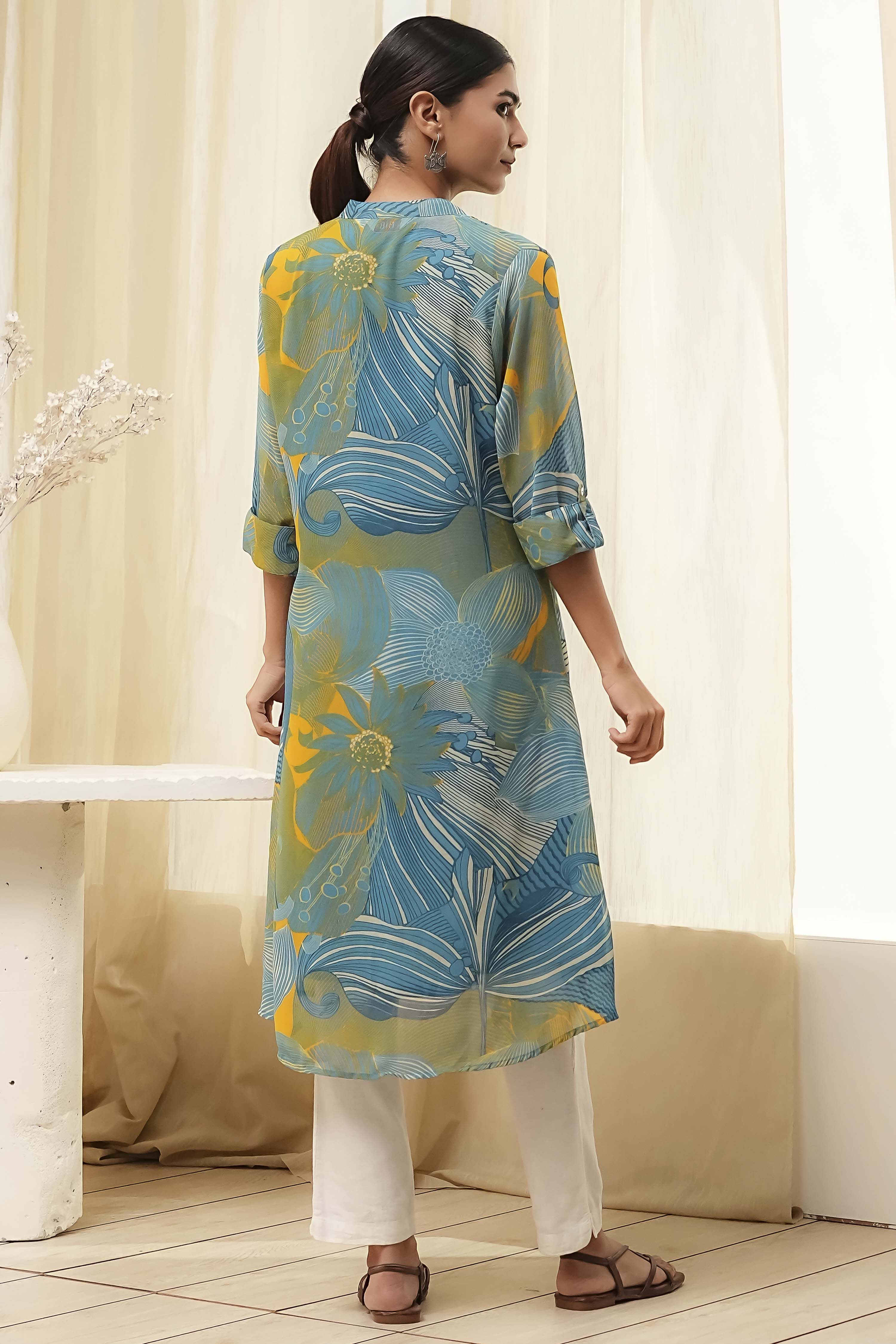 Blue Printed Pleated A-Line Kurta image number 3