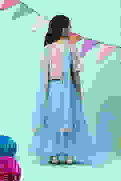 Pink & Blue Cotton Short Top Lehenga Set image number 4