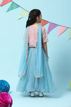 Pink & Blue Cotton Short Top Lehenga Set image number 4