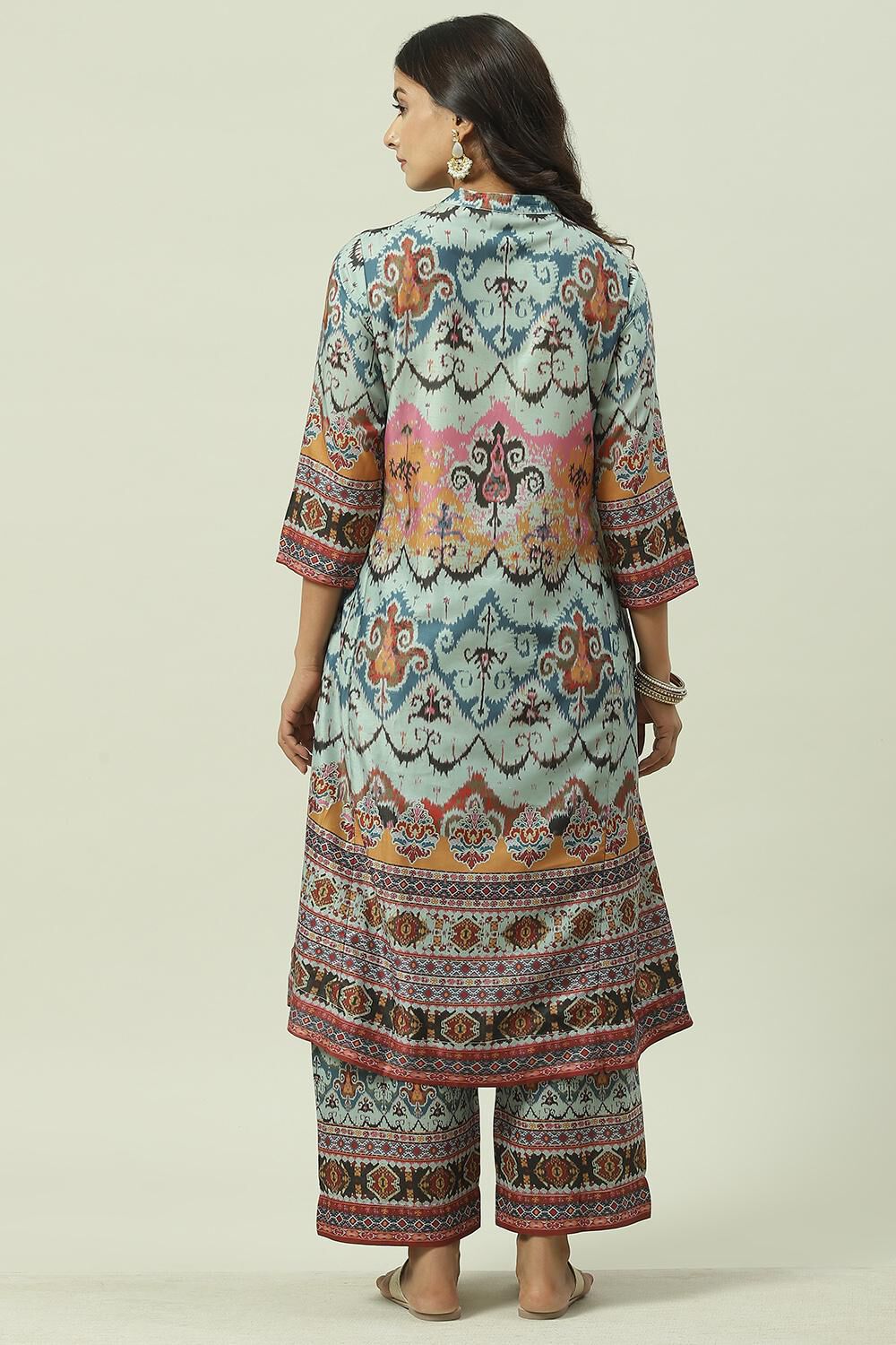 Blue Cotton Blend Asymmetric Printed Kurta Suit Set