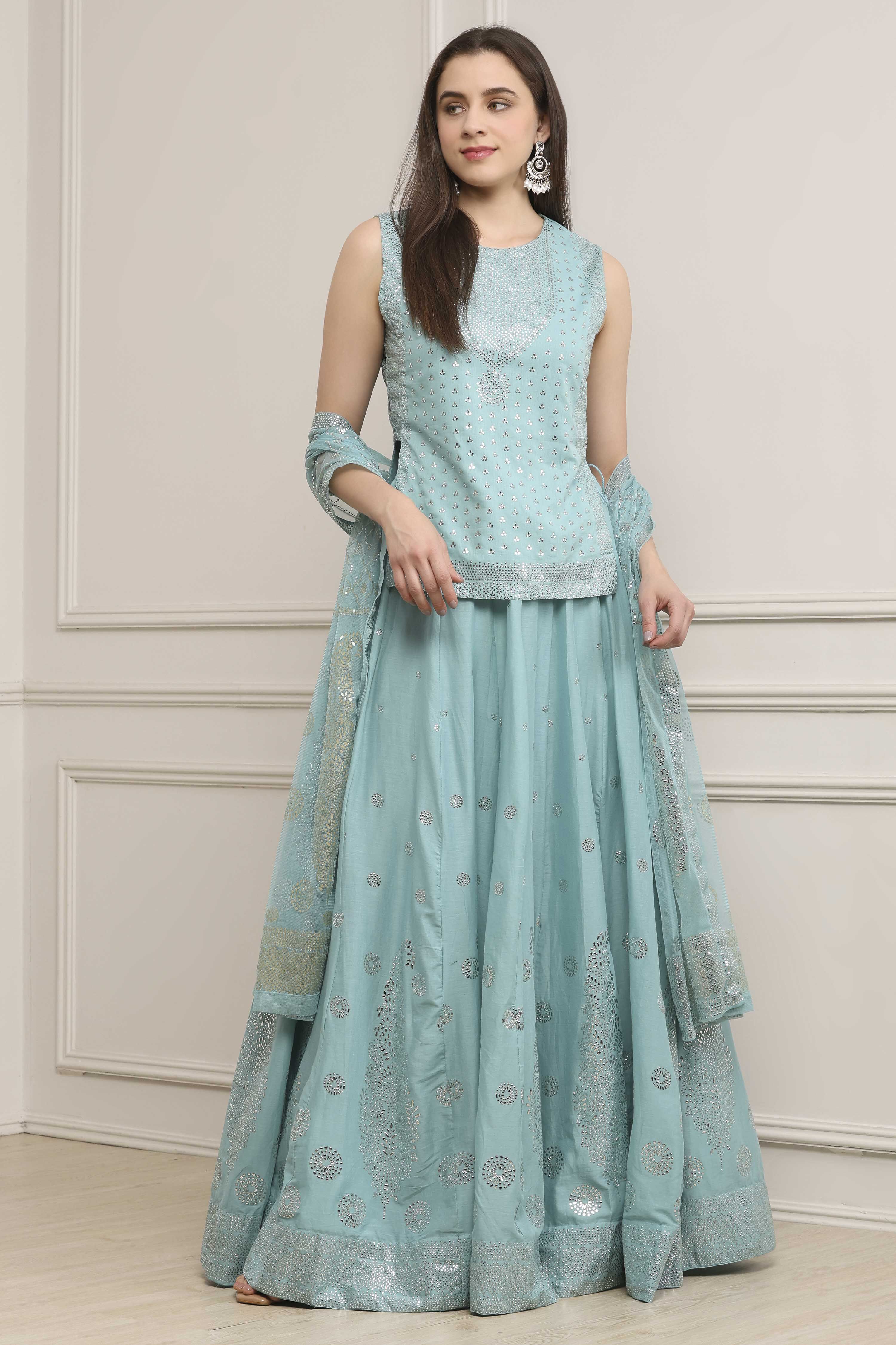 Powder Blue Cotton Printed Lehenga Set image number 6