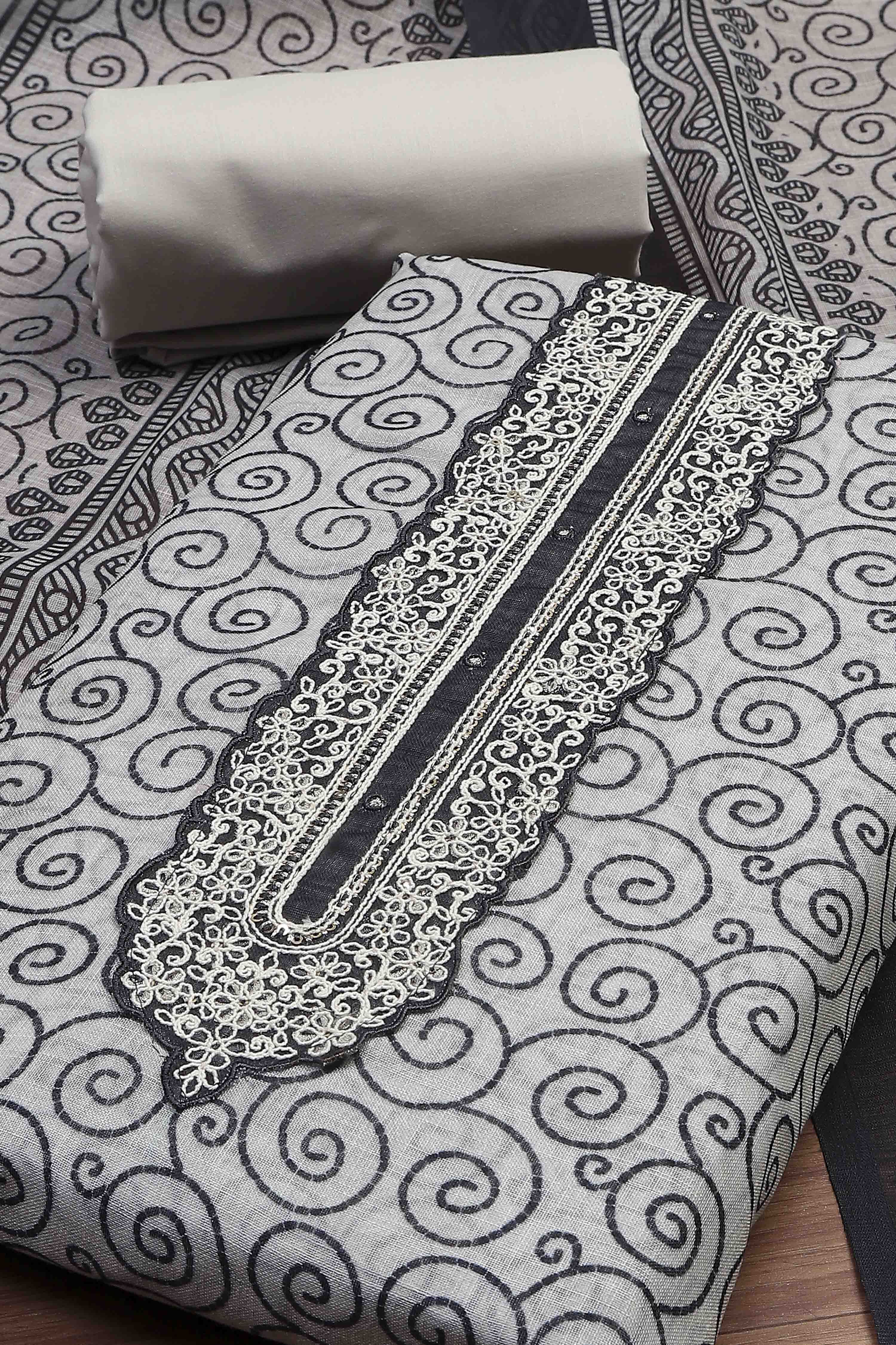 Blue Cotton Printed Embroidered Unstitched Suit Set image number 1