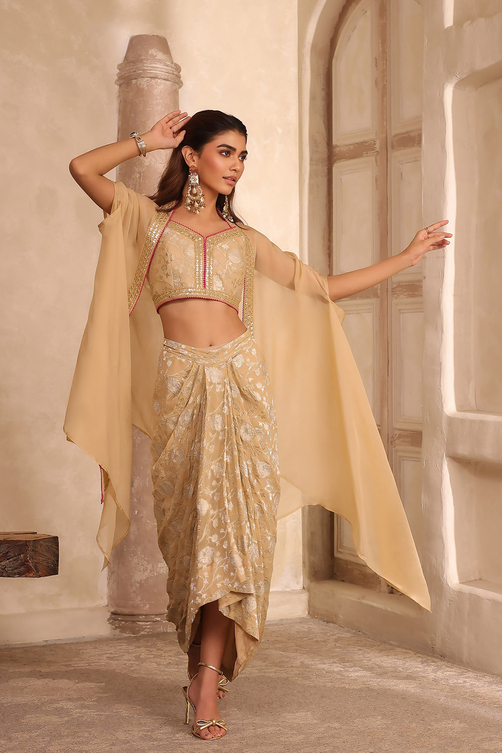 Beige Pure Georgette Jacquard Fusion Skirt Set image number 0