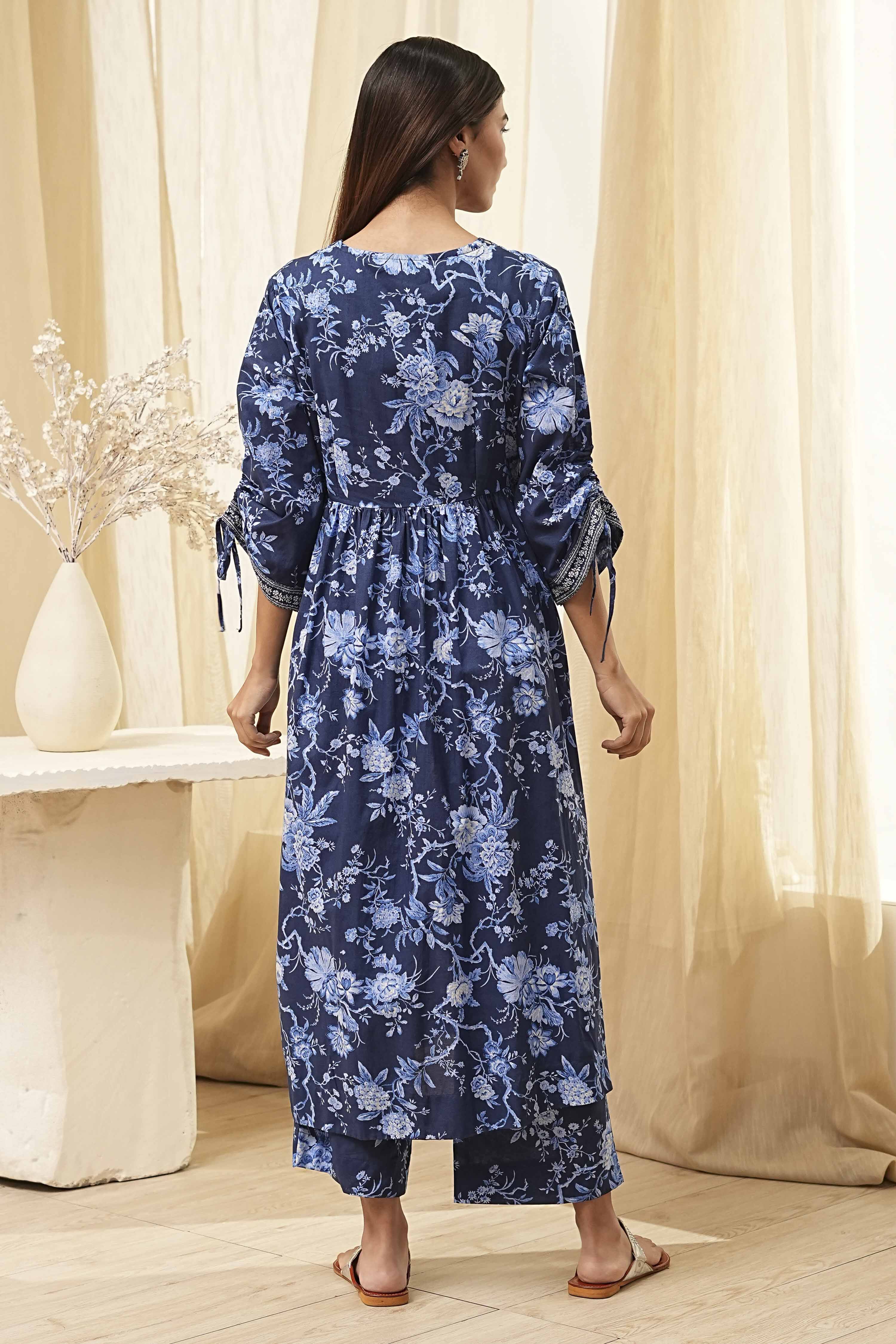Indigo Pure Cotton Floral Gathered Suit Set image number 4