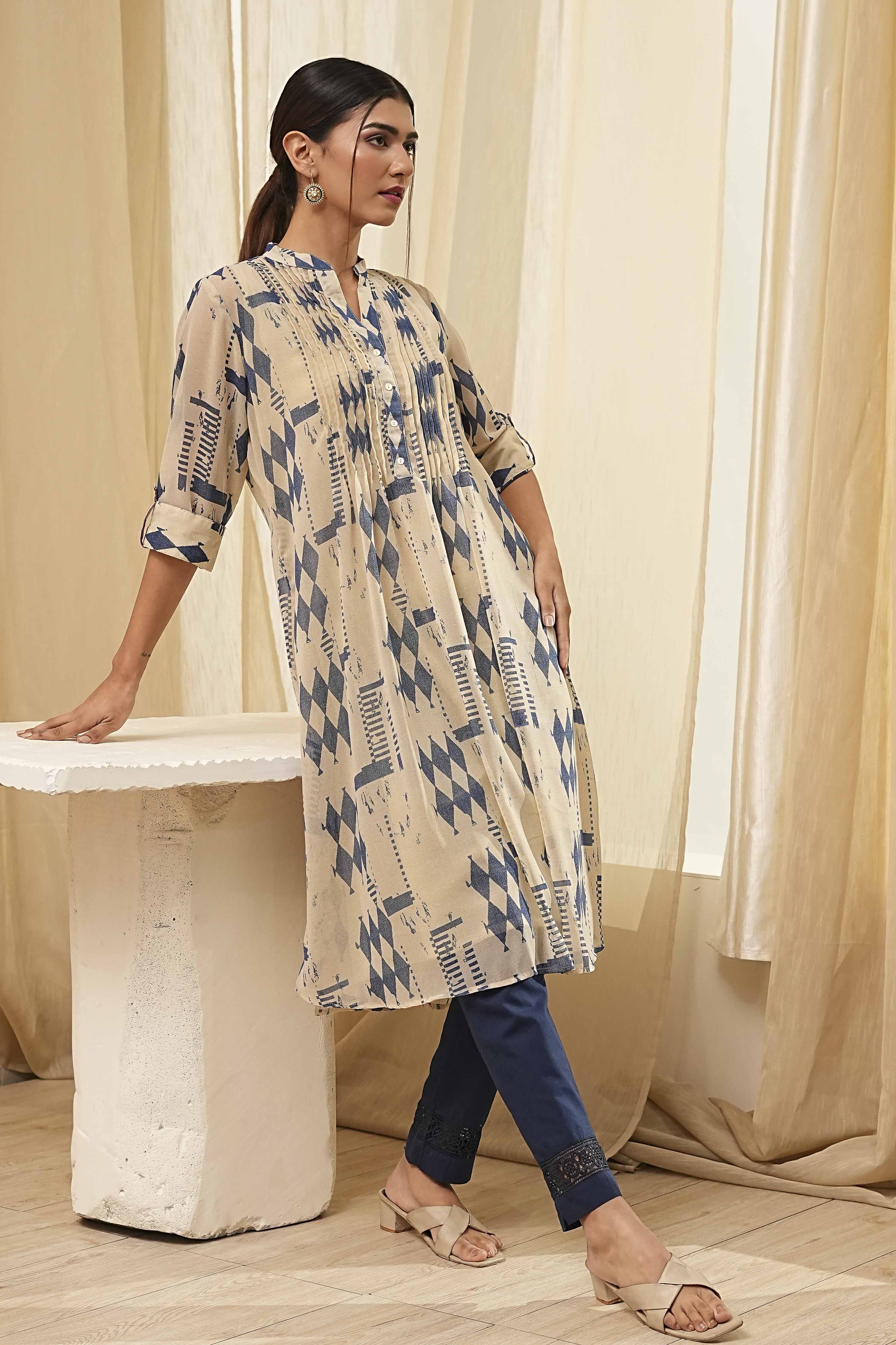 Beige Printed A-Line Kurta image number 0