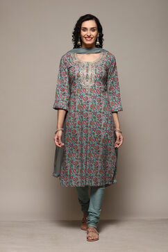 Sea Green Cotton Handloom Unstitched Suit Set image number 8