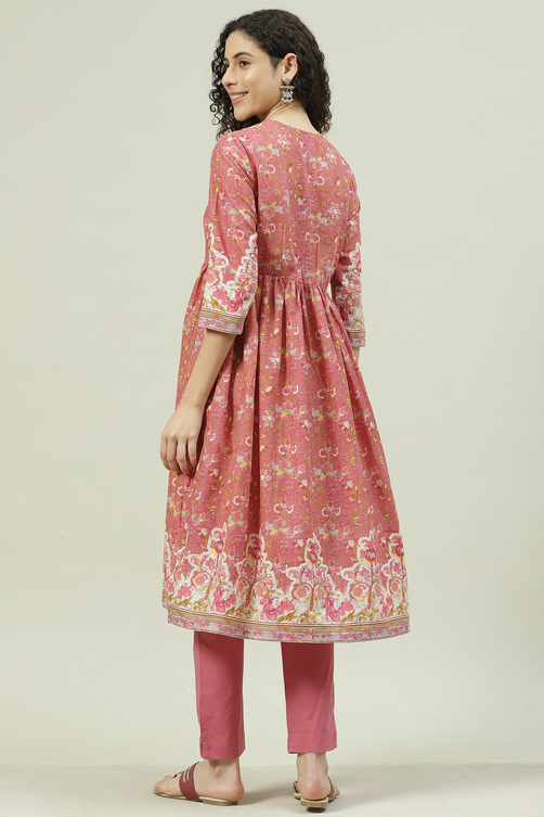 Dusky Pink Printed Cotton Gathered Suit Set image number 4