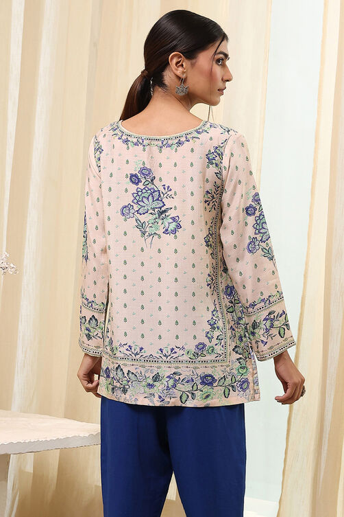 Off-White and Pink Modal Blend Straight Short Kurta image number 3