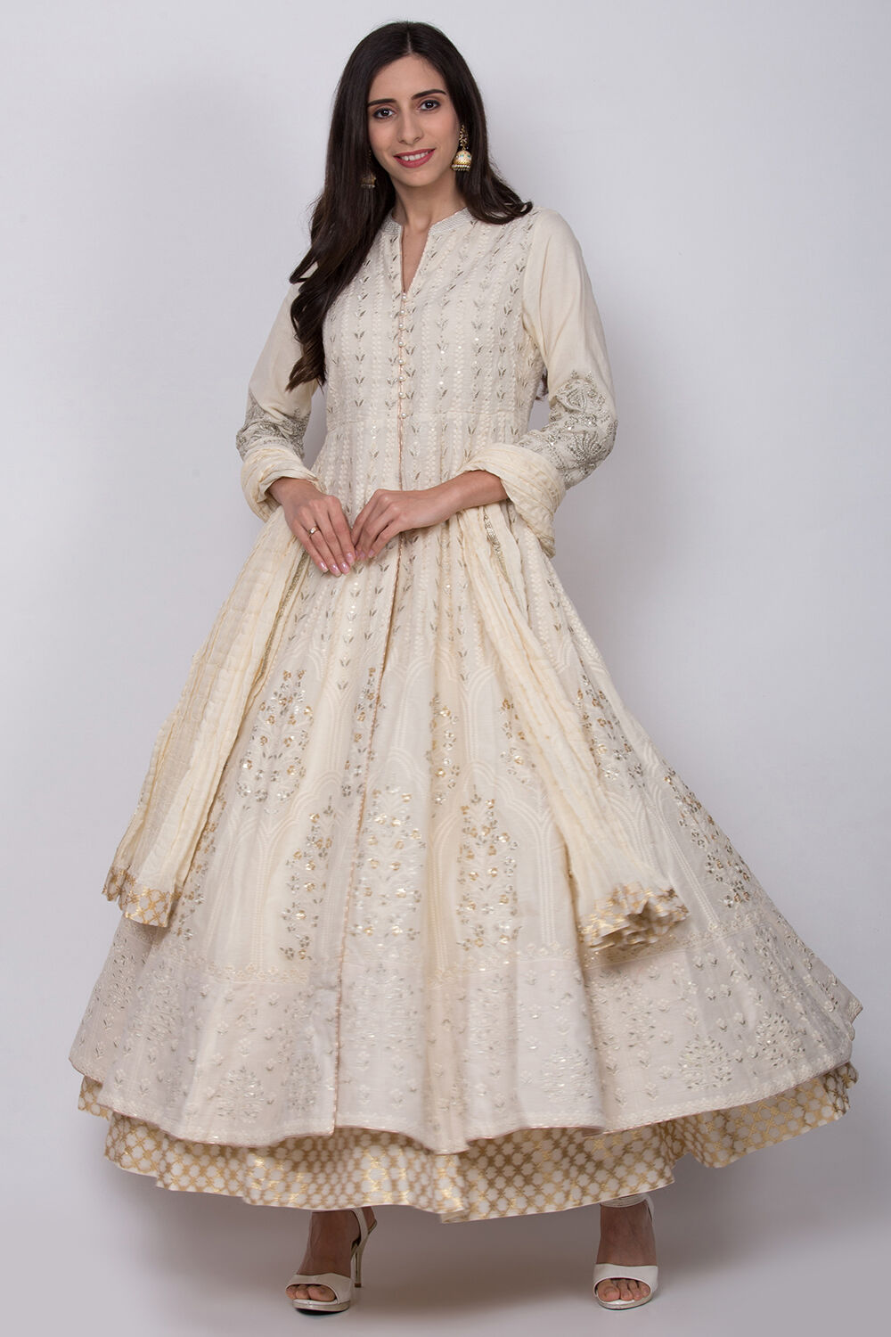Off White Cotton Anarkali Kurta Lehenga Suit Set at Biba India