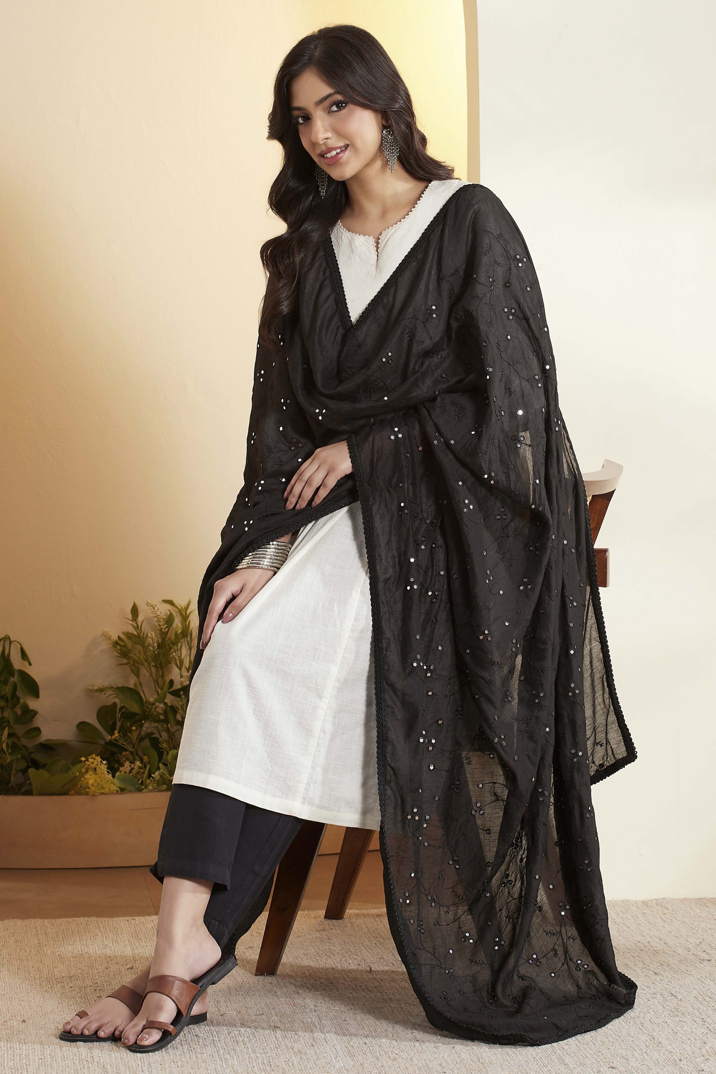 Black Mirror Work & Sequined Dupatta image number 0