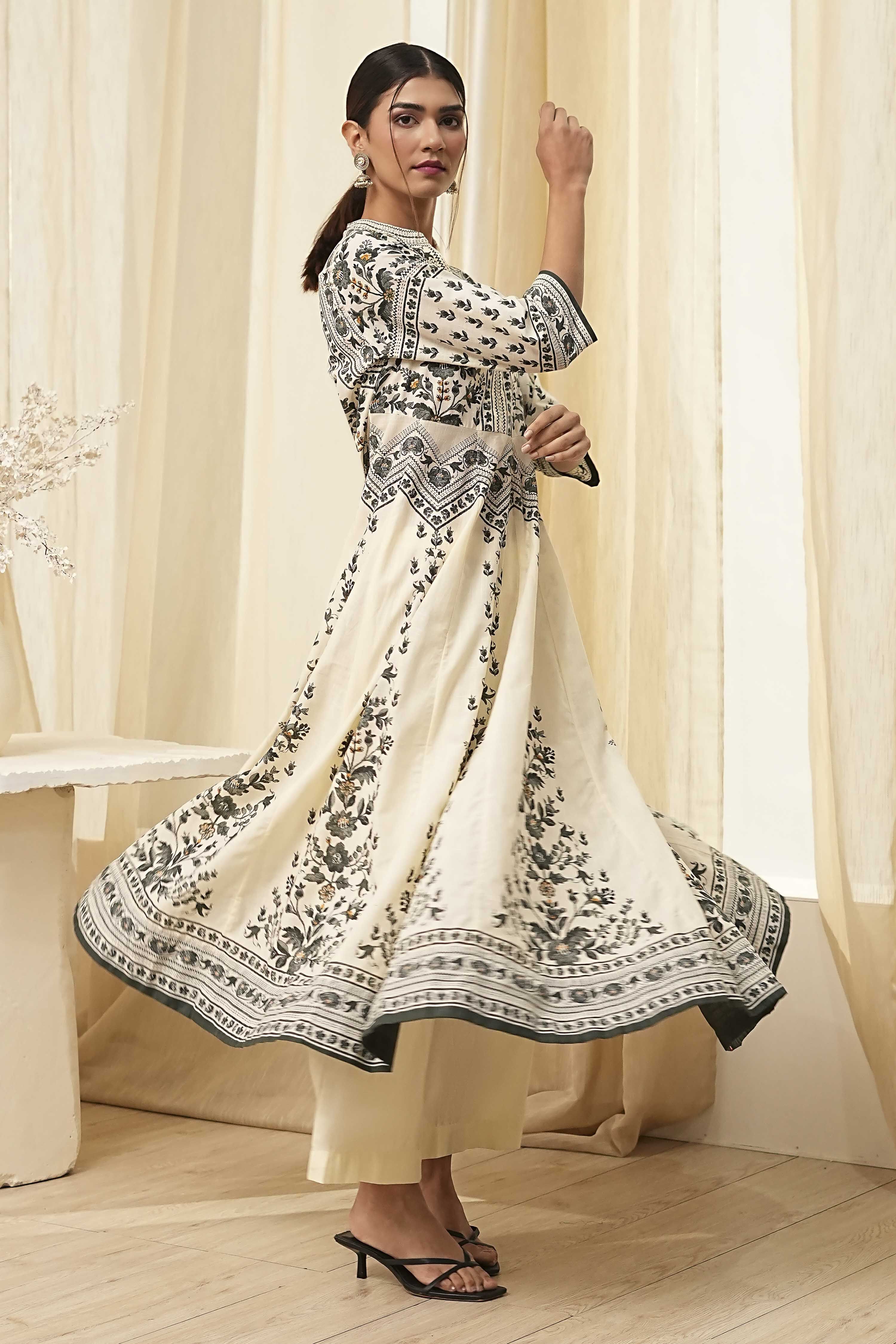 White and Black Cotton Printed Anarkali Kurta Set image number 0