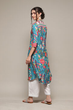 Teal LIVA Straight Printed Kurta image number 5