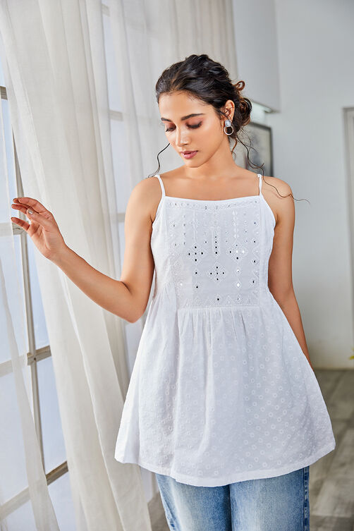 White Cotton Embroidered Gathered Top image number 0