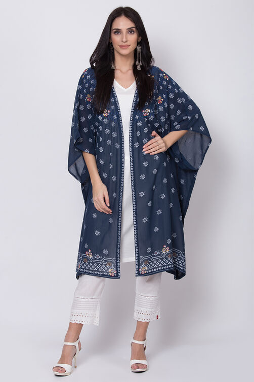 Indigo And White Viscose Cotton Front Open Printed Kurta image number 0